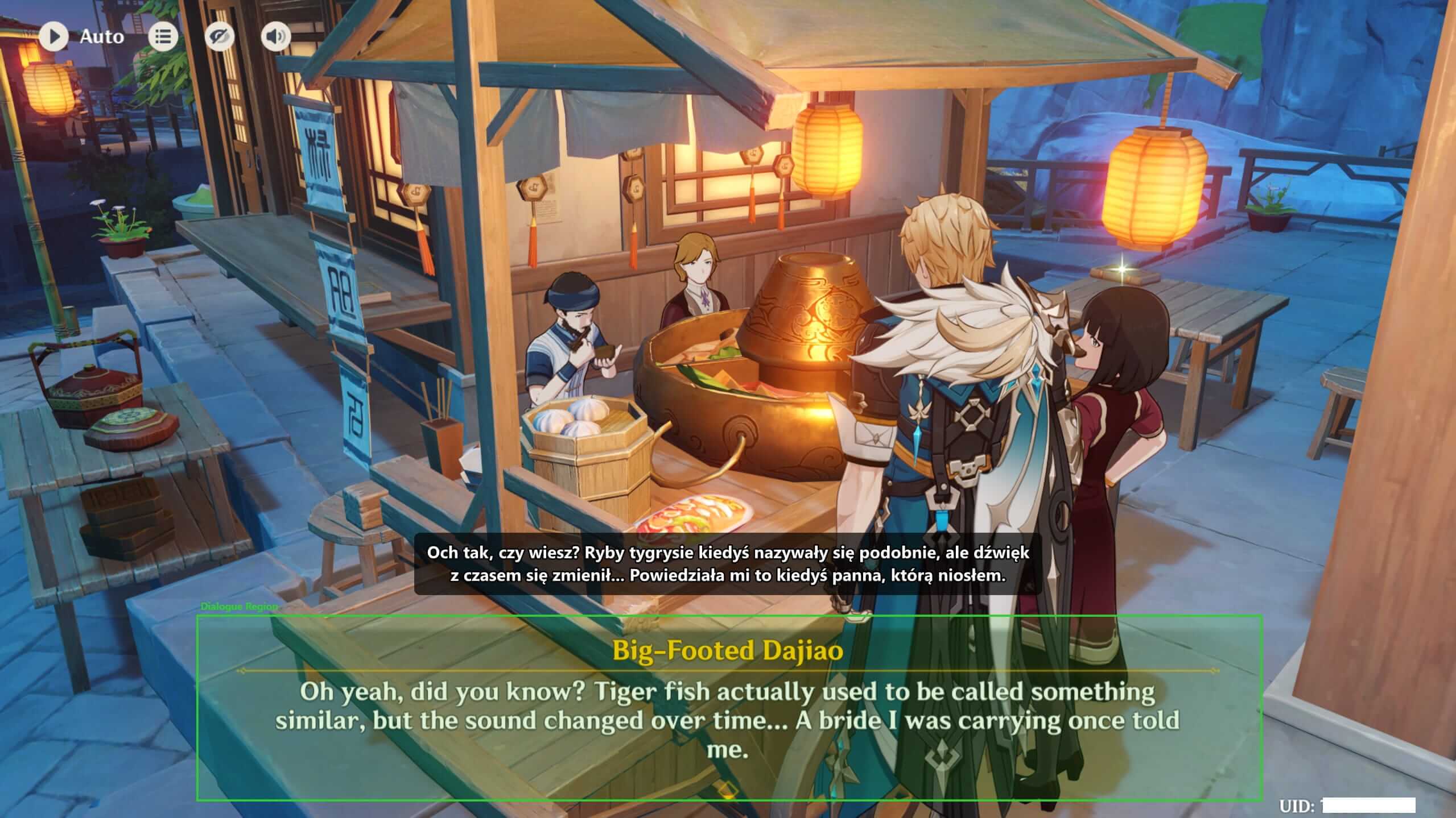 Kaption translating Genshin Impact dialogue with the capture region highlighted in green