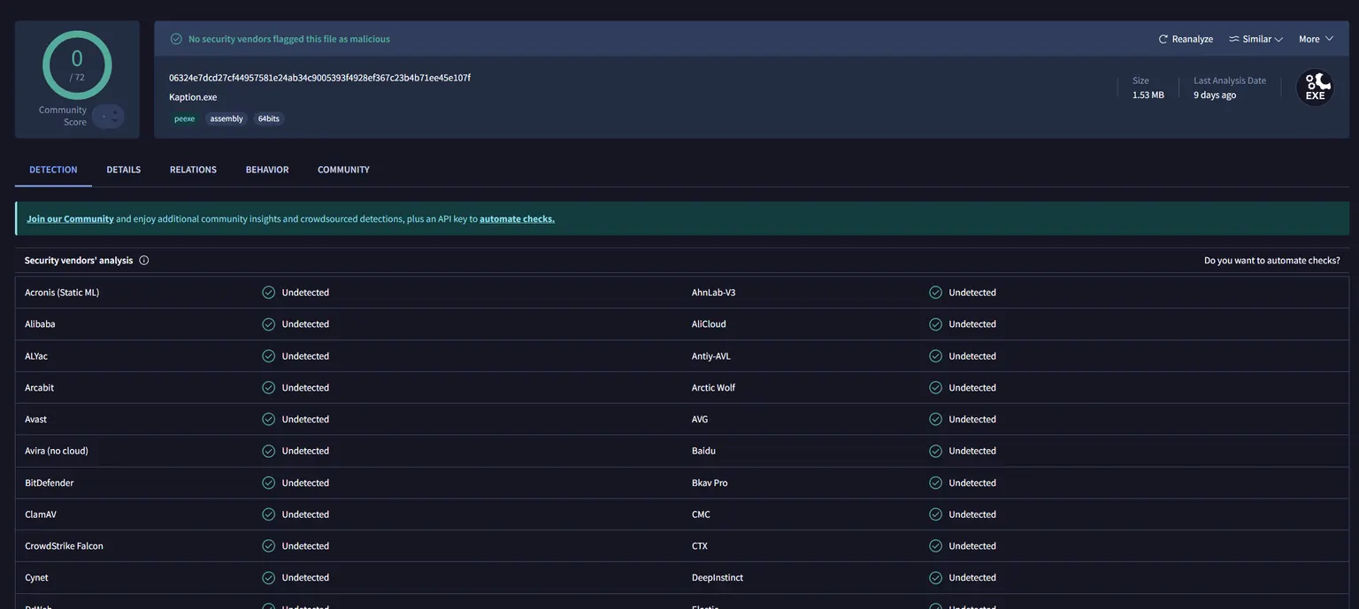 VirusTotal report for Kaption.exe showing 0 of 72 vendors flagged the file as malicious
